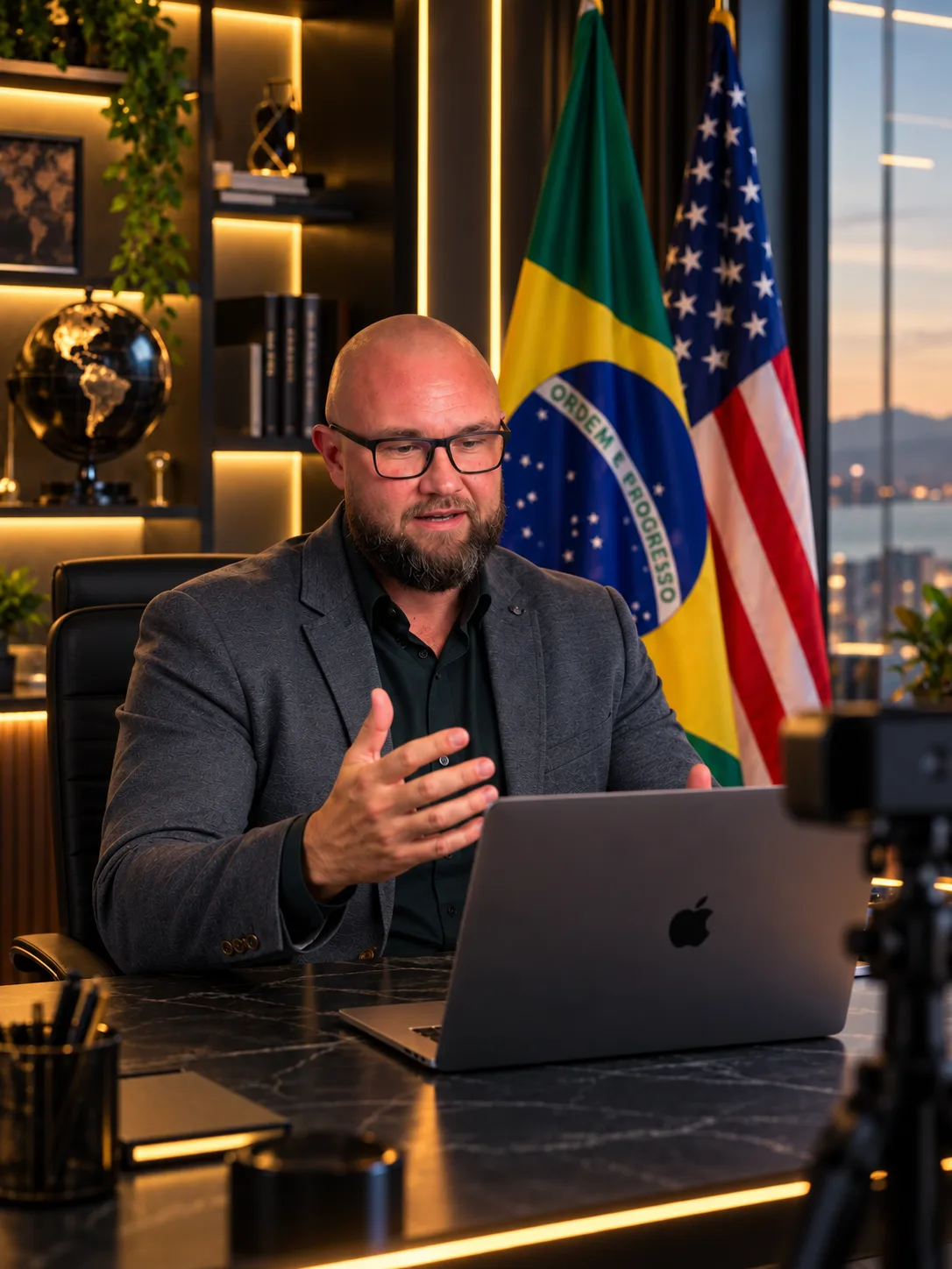 Igor Furniel em um escritório, falando ao notebook, com as bandeiras do Brasil e dos Estados Unidos ao fundo
