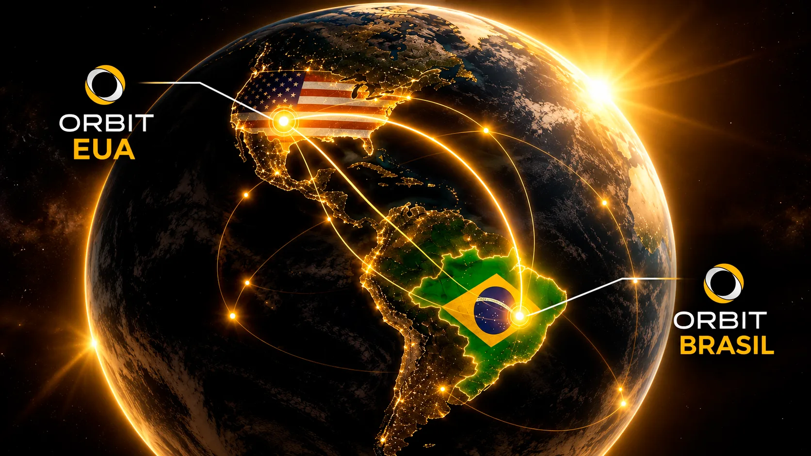 Ilustração do globo conectando Brasil e Estados Unidos com a marca Orbit nos dois países